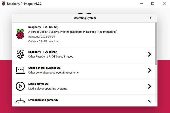 Raspberry Pi imager OS options